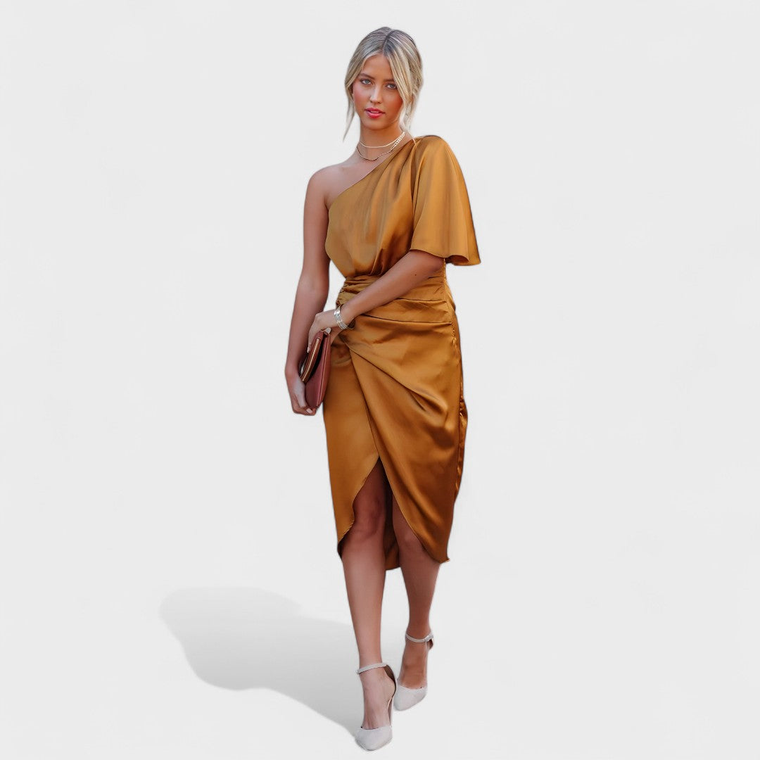 Madalena | Vestido midi em cetim com brilho